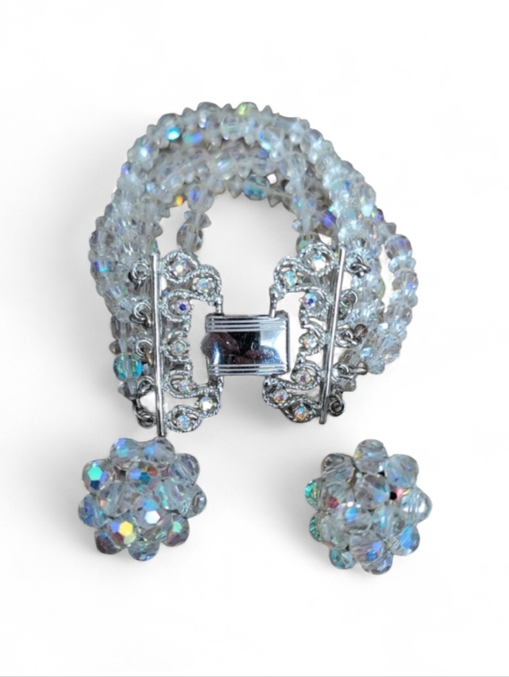 Vintage Coro Aurora Borealis Crystal 4-Strand Bracelet & Clip-On Earring Set